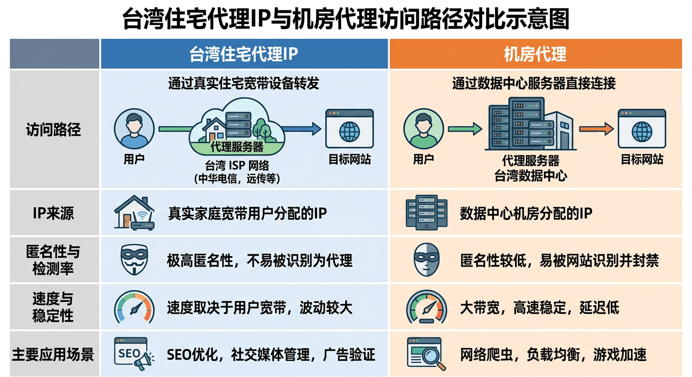 台湾住宅代理IP与机房代理访问路径对比示意图