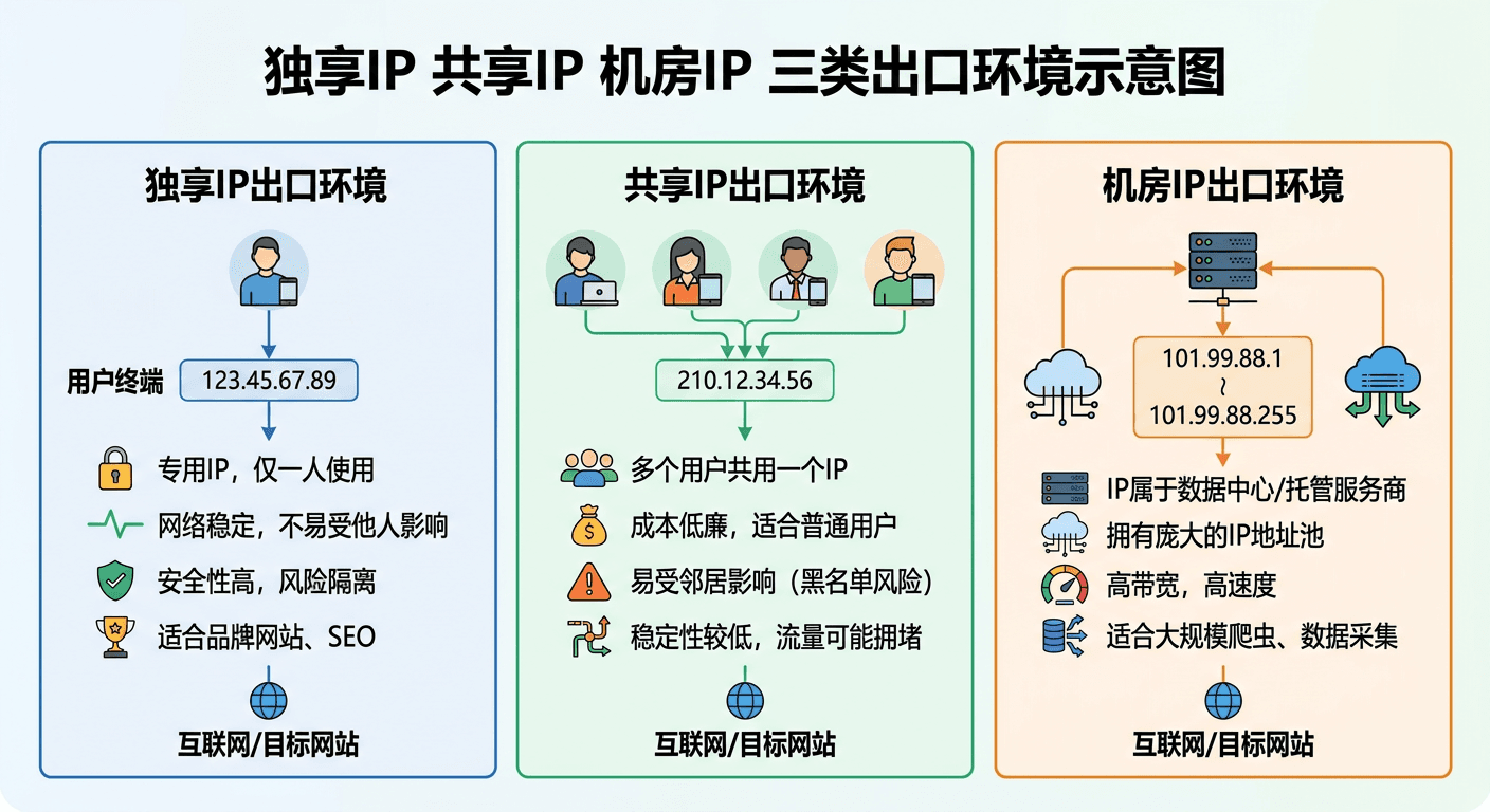 独享IP共享IP机房IP三类出口环境示意图