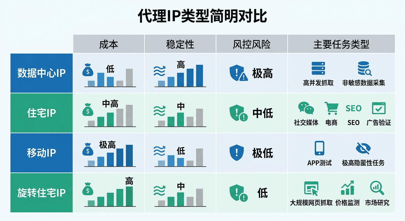 四种代理IP在成本稳定性风控和任务类型上的简明对比示意