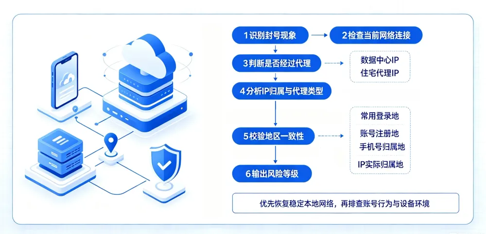 WhatsApp封号排查代理IP与地区环境风险判断流程图.webp