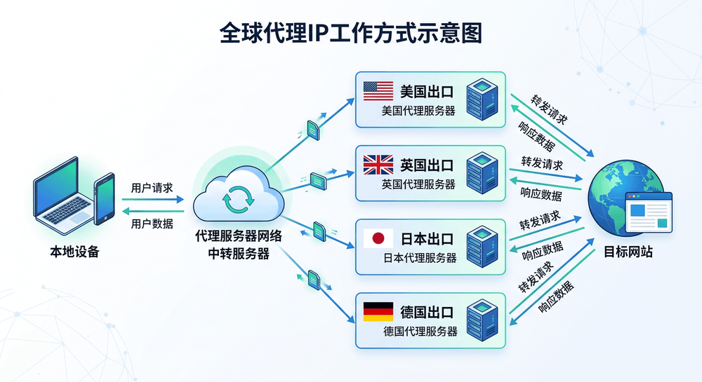 全球代理IP工作方式示意图，展示本地设备通过不同国家出口访问目标网站