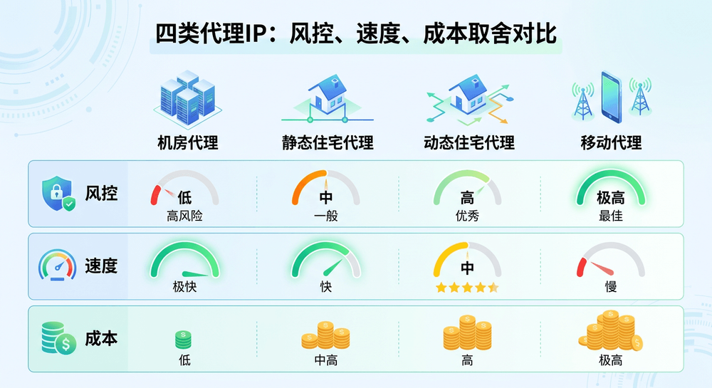 四类代理IP在风控、速度、成本上的取舍示意图