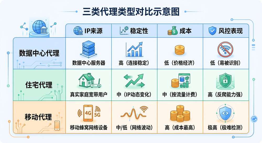 三类代理按来源、稳定性、成本和风控表现的对比示意图
