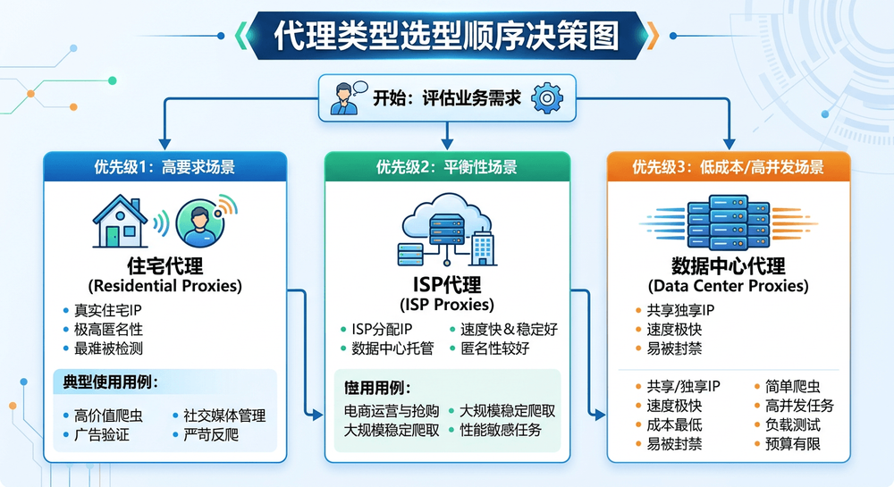 住宅代理、数据中心代理与ISP代理的选型顺序图