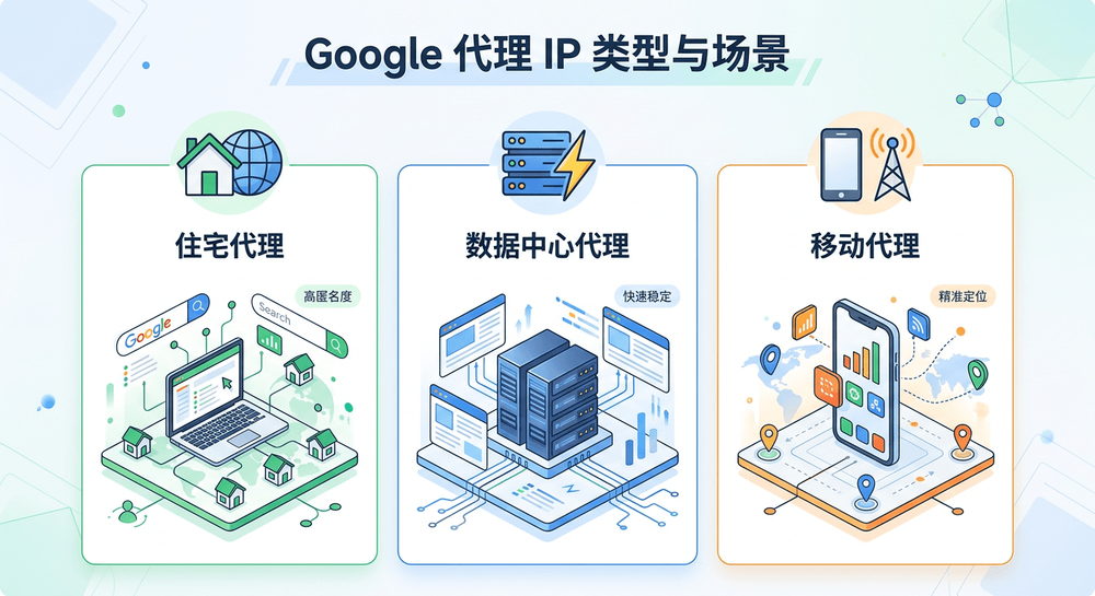 Google代理IP三种类型与典型使用场景示意图