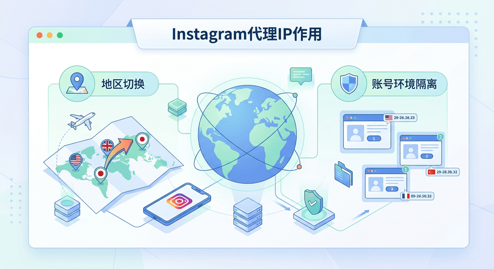 Instagram代理IP作用示意图,展示地区切换与账号环境隔离