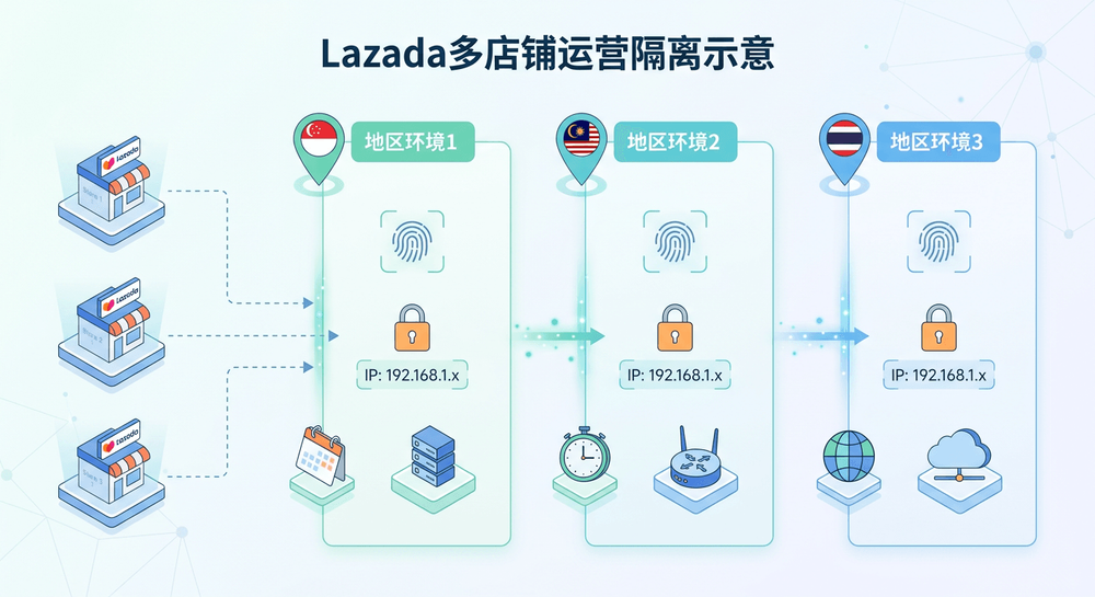 Lazada多店铺运营中账号隔离与地区环境示意图