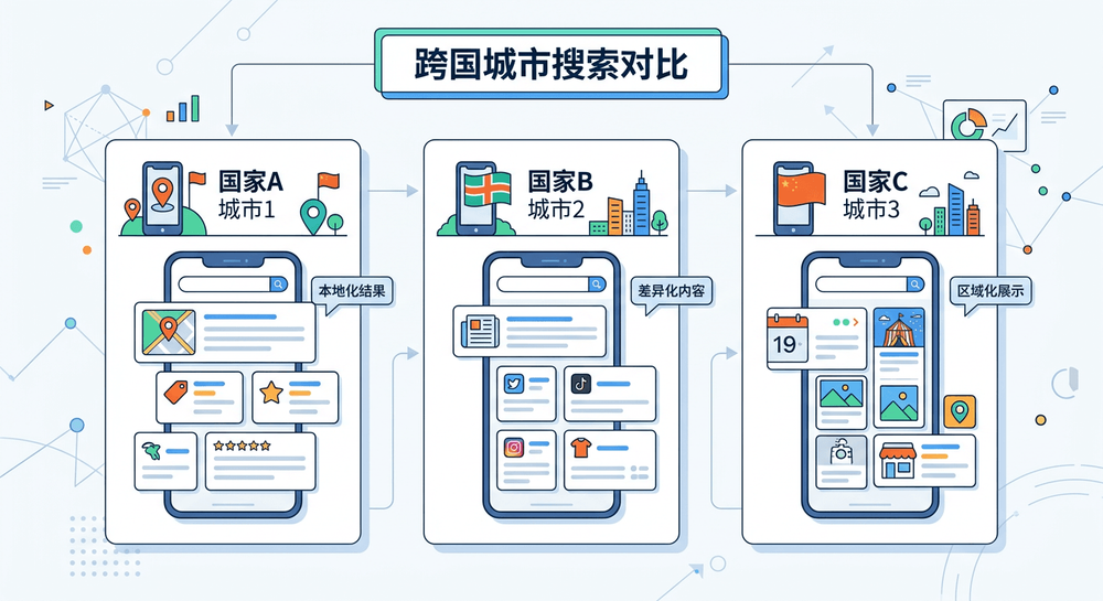不同国家和城市下同一关键词搜索结果对比示意图