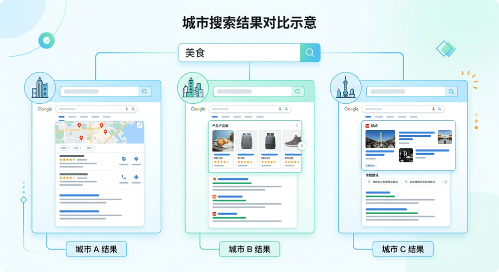 不同城市搜索同一关键词返回不同SERP结果的对比示意图
