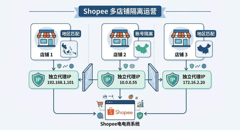 Shopee多店铺使用独立代理IP进行地区匹配与账号隔离示意