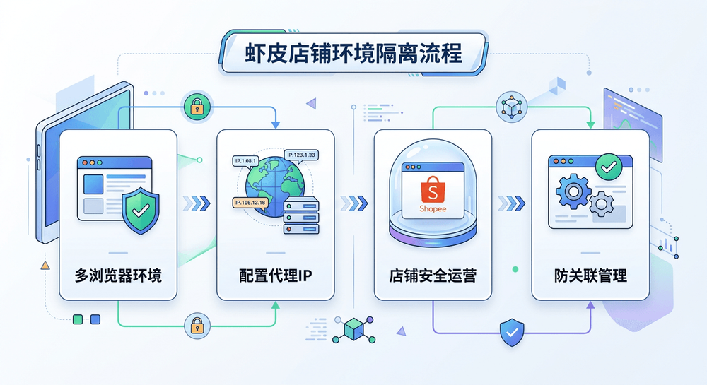 虾皮店铺代理IP接入与浏览器环境隔离流程示意图