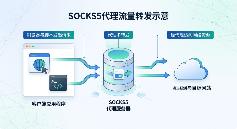 SOCKS5代理IP转发浏览器与脚本流量的示意图