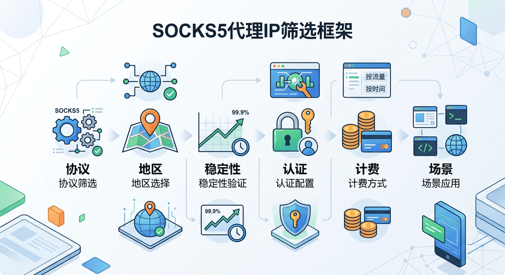 SOCKS5代理IP筛选框架示意图,含协议、地区、稳定性、认证、计费、场景六项