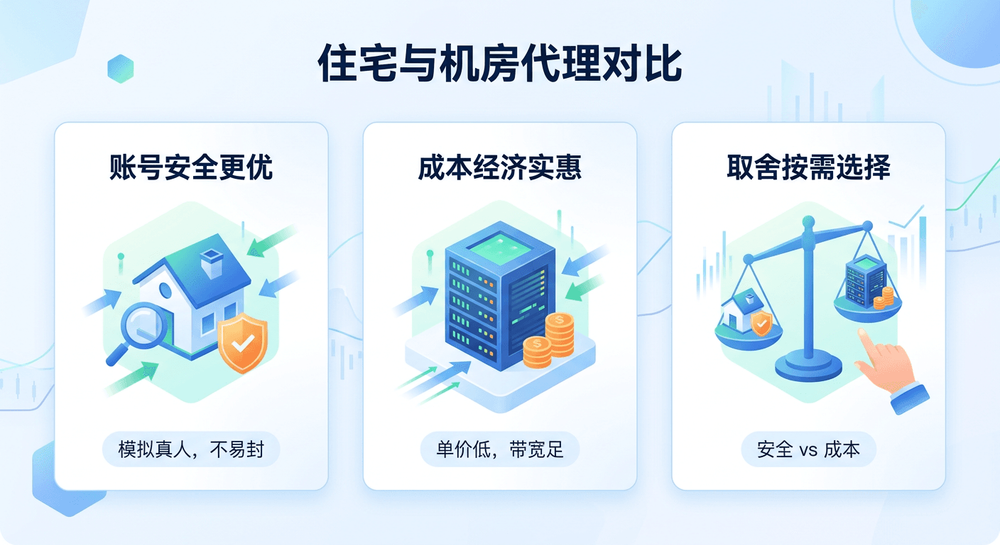 住宅代理IP与机房代理IP在账号安全和成本取舍上的对比图