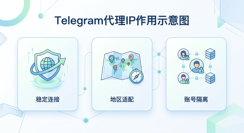 Telegram代理IP作用示意图,展示稳定连接、地区适配、账号隔离三种用途