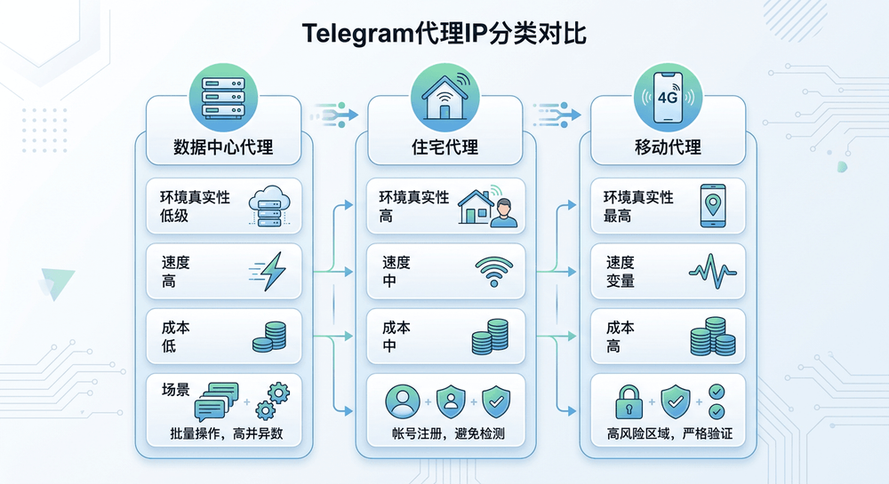 Telegram三类代理IP按环境真实性速度成本场景区分示意