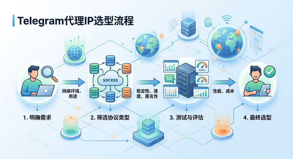 Telegram代理IP选型流程示意图
