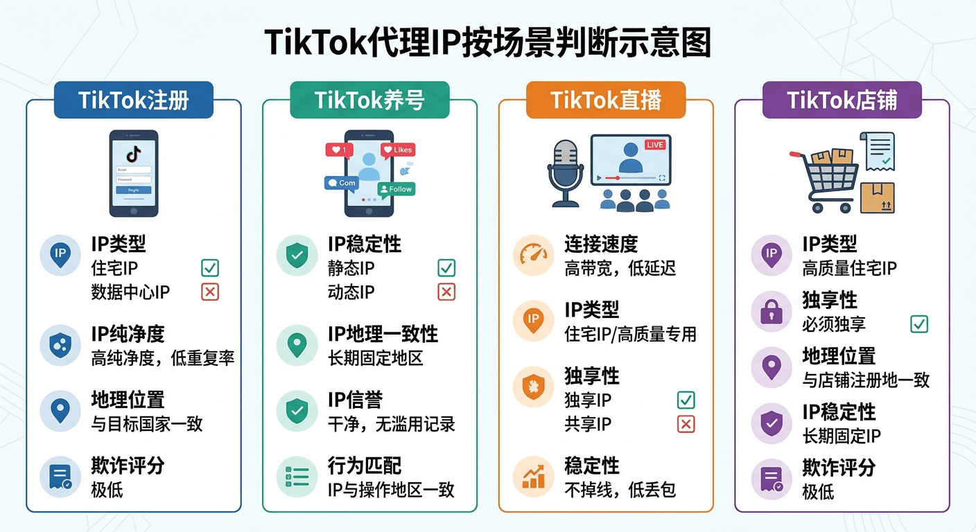 TikTok代理IP按注册养号直播店铺四种场景的判断示意图