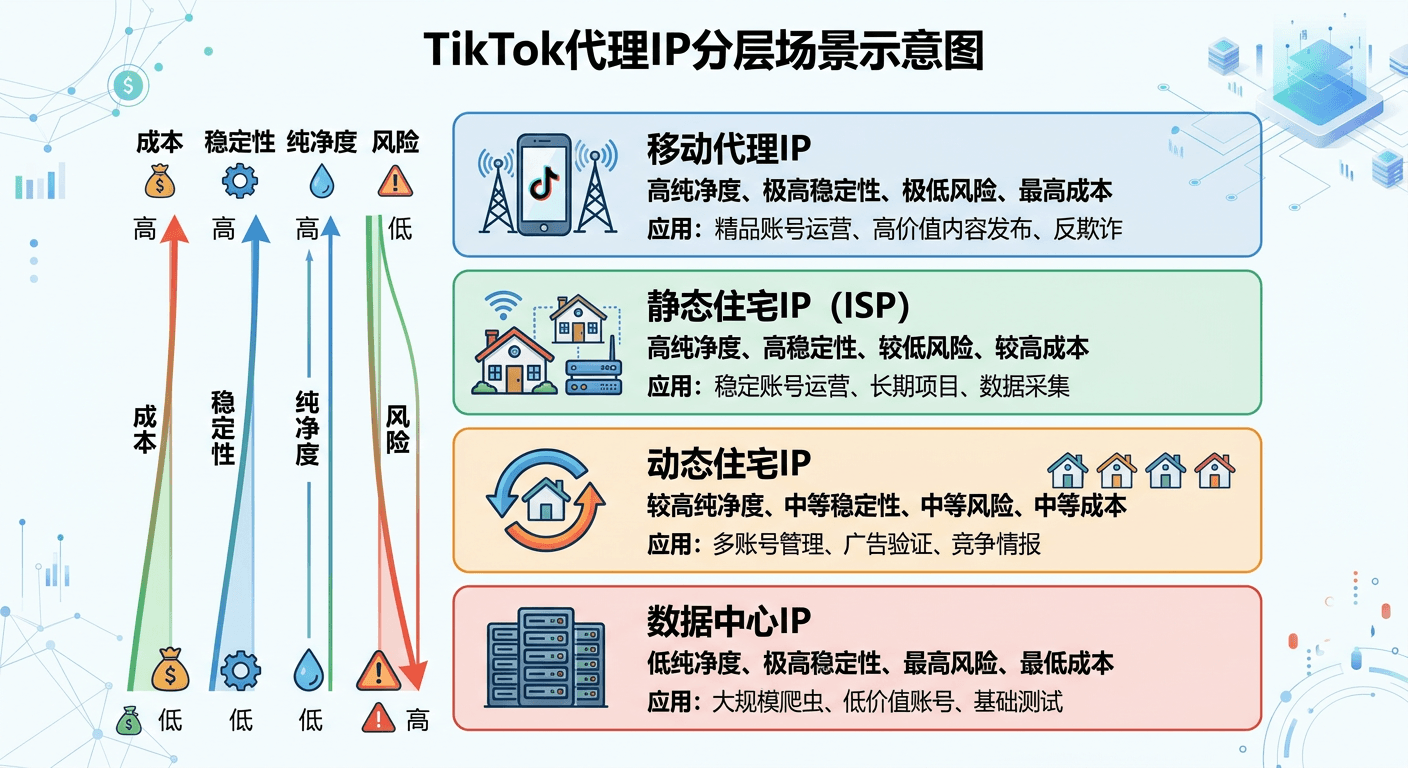 四类TikTok代理IP按成本、稳定性、纯净度和风险分层的场景示意图