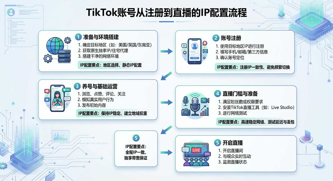 TikTok账号从注册到直播的IP配置流程示意图